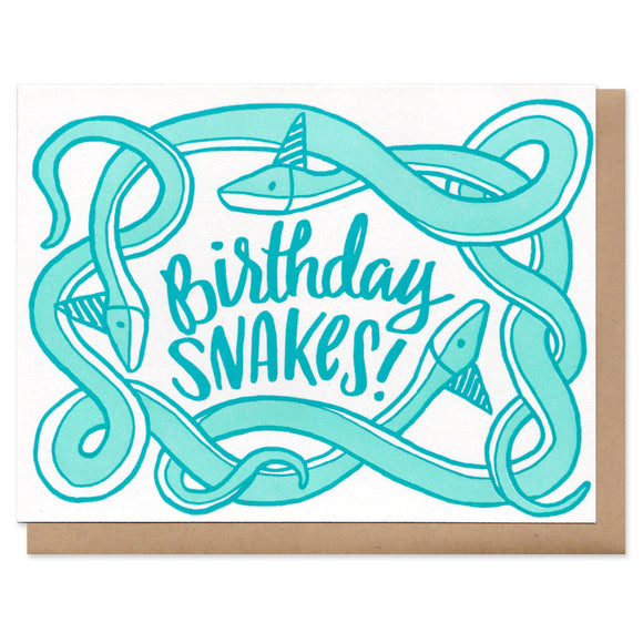 Three tangled teal snakes with birthday hats, surrounding handwritten text that reads 