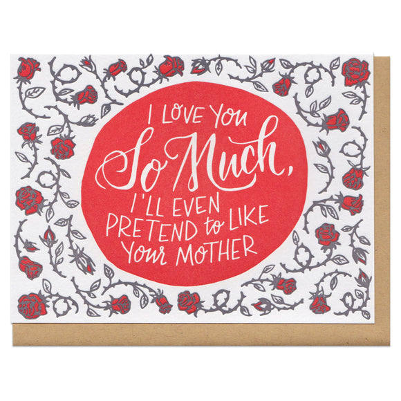 Greeting card and kraft paper envelope. Grey and red thorny roses surround handwritten type that reads, 
