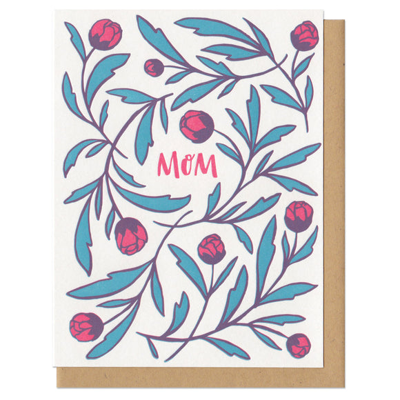 white greeting card with red  hand-lettering that reads 
