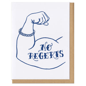 white greeting card with a navy illustration of a flexing biceps that read "no regerts"
