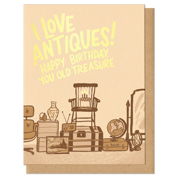 Greeting card and kraft paper envelope. Hand-written block letter text in gold foil reads, 