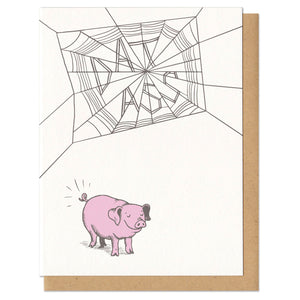 A greeting card with kraft envelope featuring an adorably smiley pig with an emphasized butt and a web has created the text, "dat ass." greeting card, cards, stationery, butts, butt, charlotte's web