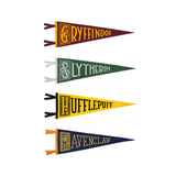 A set of 4 camp flag pennants featuring the 4 Harry Potter houses. Gryffindor has a lion and is red with gold text. Slytherin has a snake in the S and is green with silver text. Hufflepuff has a badger in the H and is yellow with navy text. Ravenclaw has a raven in the R and is navy wth gold text.