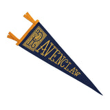 A camp flag pennant for the Harry Potter House, Ravenclaw. There is a raven in the R printed in gold on a navy wool pennant.