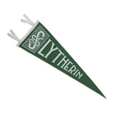 A camp flag pennant for the Harry Potter House, Slytherin. There is a snake in the S printed in silver on a green wool pennant.