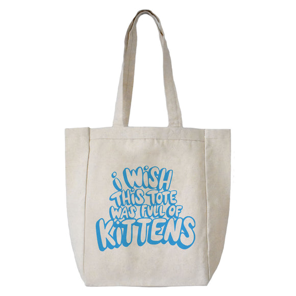 A cotton tote with handle screen printed in blue bubble letters that read 