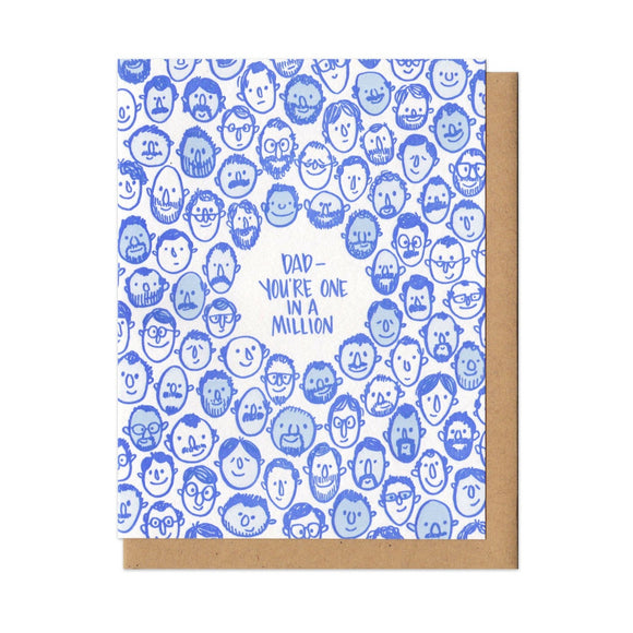Greeting card and kraft paper envelope. Illustration of dozens of tiny, different dad heads, surrounding handwritten text that reads, 