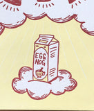 close up detail of an illustrated carton of eggnog on a cloud