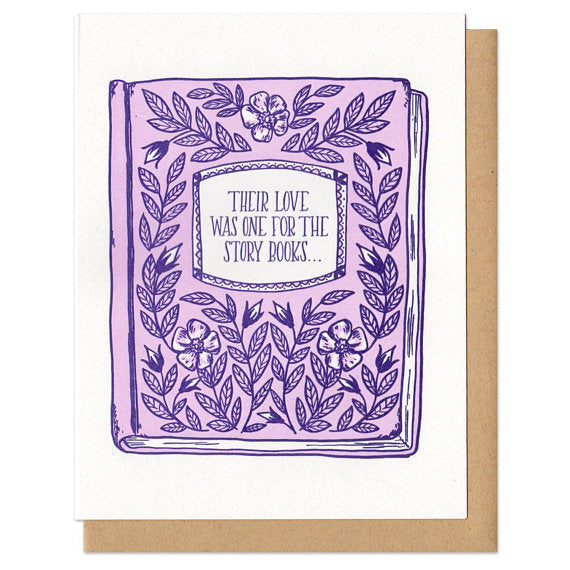 white greeting card with a pink and purple illustrated floral book-cover, it's titled 