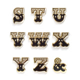 Letters S-Z and an & enamel pins with butterfly backer delicately handlettered in black, white, and gold.