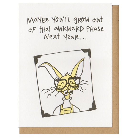 greeting card with an illustrated bunny wearing glasses, overall, and braces which reads 