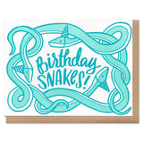 Three tangled teal snakes with birthday hats, surrounding handwritten text that reads "Birthday Snakes!"