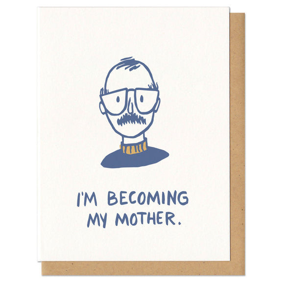 Greeting card and kraft paper envelope. Illustration of balding man with glasses, mustsache, and turle neck. Text below reads, 