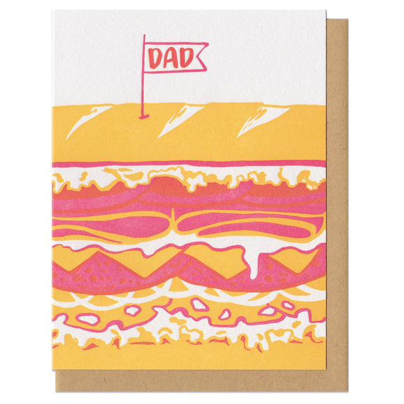 Greeting card with kraft paper envelope. Illustration of giant sandwich. Flag on toothpick on top that reads, 