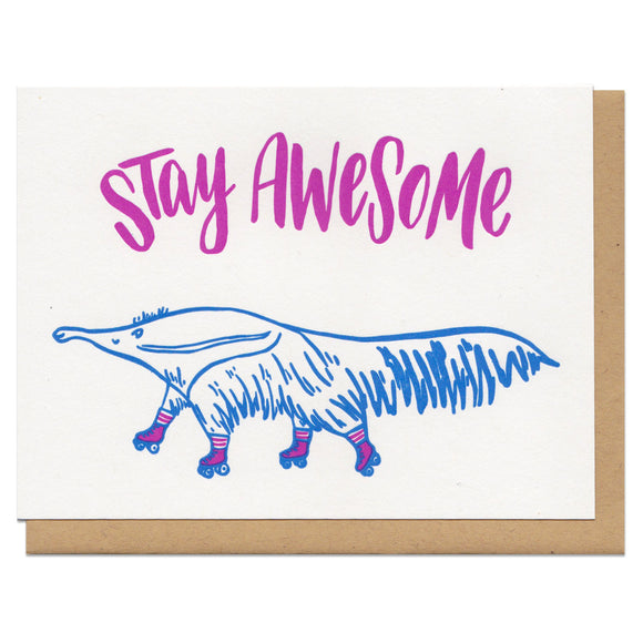 white greeting card with an illustrated ant-eater on rollerskates beneath hand-lettering that reads 