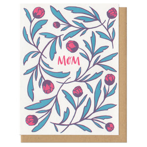 white greeting card with red  hand-lettering that reads "mom" surrounded by red and green illustrated tulips