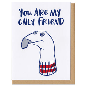 greeting card which reads "you are my only friend" featuring an illustrated sock puppet