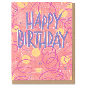 "happy birthday" handwritten in blueish-purple capital letters, surrounded by festive abstract pink background, yellow dots, blue dots, and pink swirls