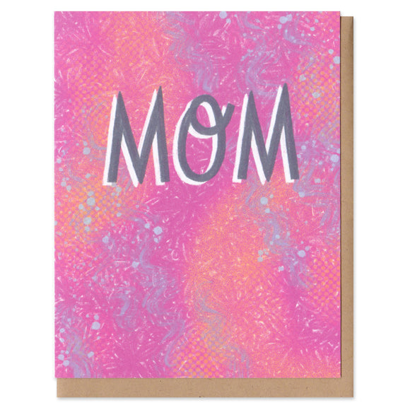 A greeting card and envelope. Capitalized slate blue text reading 