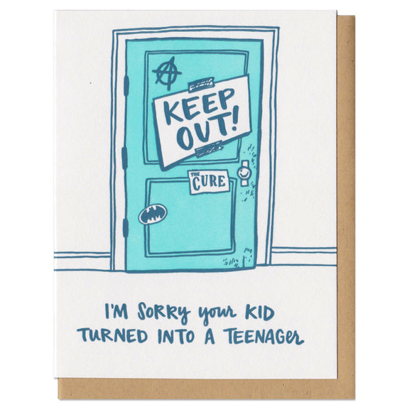 A greeting card with envelope featuring a teenager's bedroom door with sign that says KEEP OUT! and stickers. Underneath it says, 