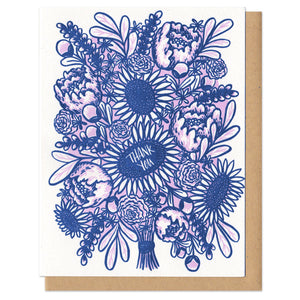 pink and blue illustration of a flower bouquet - one flower features hand-lettering which reads "thank you"