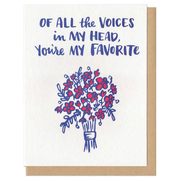 white greeting card featuring a blue and red illustration of a flower bouquet beneath navy hand-lettering that reads 