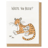 white greeting card thaht read "where you been?" above an illustration of a tiger with a man in his belly