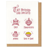 white greeting card with maroon writing that reads "they presented unto him gifts: gold, frank-incense, myrth, side of guac" featuring a small illustration above each gift