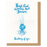 white greeting card with a blue illustration of a rooted bulb showing it's first sprouts. blue text on top and bottom reads "thank god winter's not forever. thinking of you."