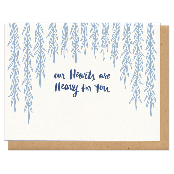 white horizontal greeting card with light blue illustrated dangling willow branches with navy hand-lettering that reads 