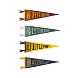 A set of 4 camp flag pennants featuring the 4 Harry Potter houses. Gryffindor has a lion and is red with gold text. Slytherin has a snake in the S and is green with silver text. Hufflepuff has a badger in the H and is yellow with navy text. Ravenclaw has a raven in the R and is navy wth gold text. 