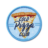 A blue patch that says, "cold pizza club" against a slice of pizza against a white background.