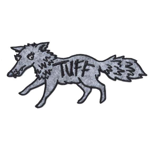 grey fabirc patch in the shape of a wolf with the word 