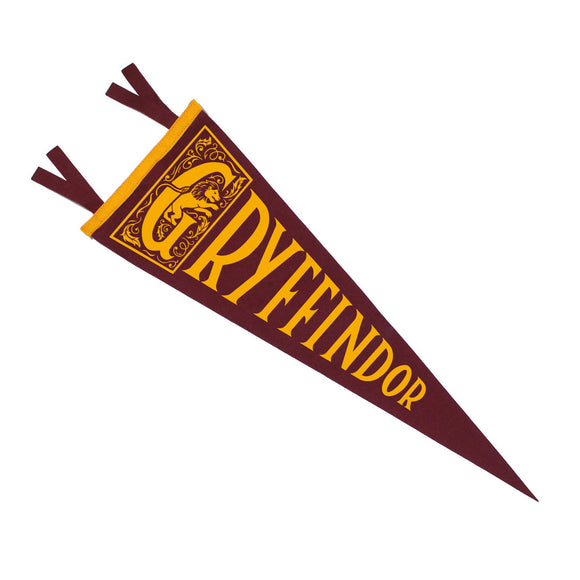 A wool flag pennant featuring artwork inspired by Harry Potter. It's crimson red with gold text that says Gryffindor with a lion in the G. movie, film, nerd, sorting house, houses, wizard, hp, harry potter, fan art