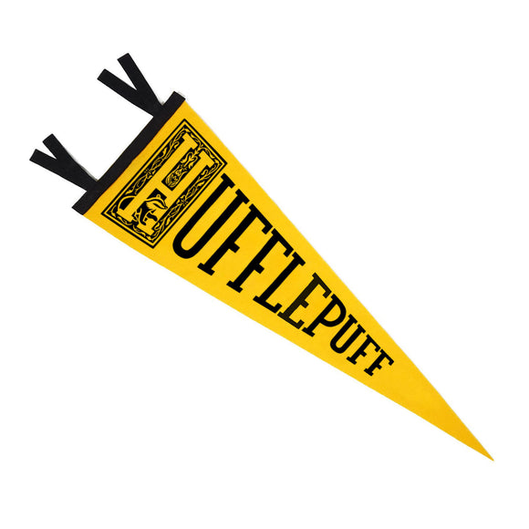 A camp pennant style banner featuring artwork from the Harry Potter house Hufflepuff. Features a badger in the letter H, it is yellow with black print.