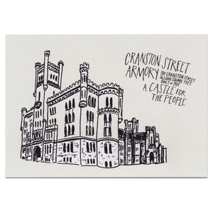 A 5" x 7" art print of the Cranston Street Armory in Providence RI. Text reads, "310 Cranston Street 165,000 square feet built in 1907. A castle for the people." The building is hand drawn in black and white.