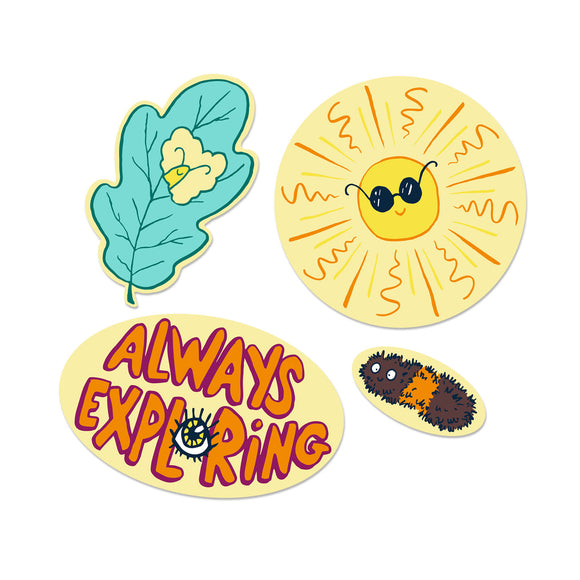 sticker, stickers, decal, vinyl, outdoors, wooly bear, leaf, leaves, sun, cool sun, always exploring