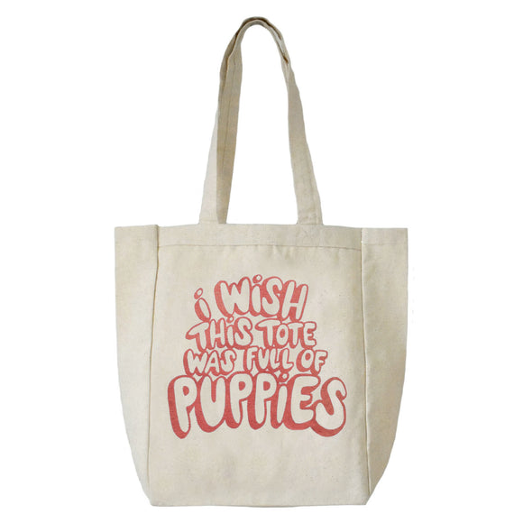 A cotton tote with handle screen printed in pink bubble letters that read 