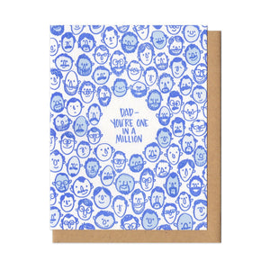 Greeting card and kraft paper envelope. Illustration of dozens of tiny, different dad heads, surrounding handwritten text that reads, "Dad- you're one in a million." dad, fathers day, stationery, greeting card, cards