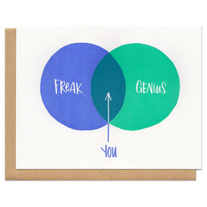 Greeting card with kraft paper envelope. Ven diagram with "freak" on one side, "genius" on the other, and "you" in the middle.