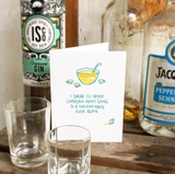 A greeting card and envelope depiciting a punch bowl with cups half filled and a spilled glass. In the middle is text reading "I swear I'll never complain about going to a holiday party ever again."