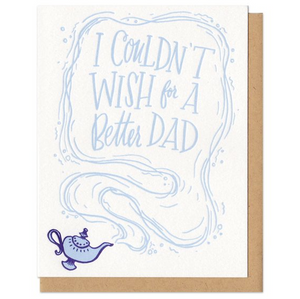 Greeting card and kraft paper envelope. Illustration of genie-type lamp with smoke. In smoke it reads, "I couldn't wish for a better dad"