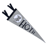 A faux tourism pennant flag for the movie Star Wars. This one features the planet Hoth with tauntaun, the pennant is grey with white and navy print.