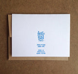 backside of the greeting card that reads "Frog & Toad Press, frogandtoadpress.com, made in Providence, RI"