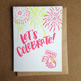 Greeting card and kraft paper envelope. Text reads, "Let's celebrate!" Illustration of fireworks with dog below, shaking, holding a sign that says, "quietly."