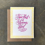 white greeting card with a yellow floral border and hand-lettering that reads "thou hast a slammin bod"