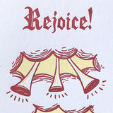 close up detail of the trumpets and "rejoice!" lettering