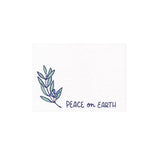 small white card featuring an illustration of a laurel branch and hand lettering that reads "peace on earth"