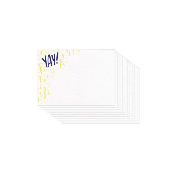 small white flat card with illustrated yellow confetti and navy blue 