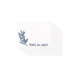 small white card featuring an illustration of a laurel branch and hand lettering that reads "peace on earth", shown in a stack of ten